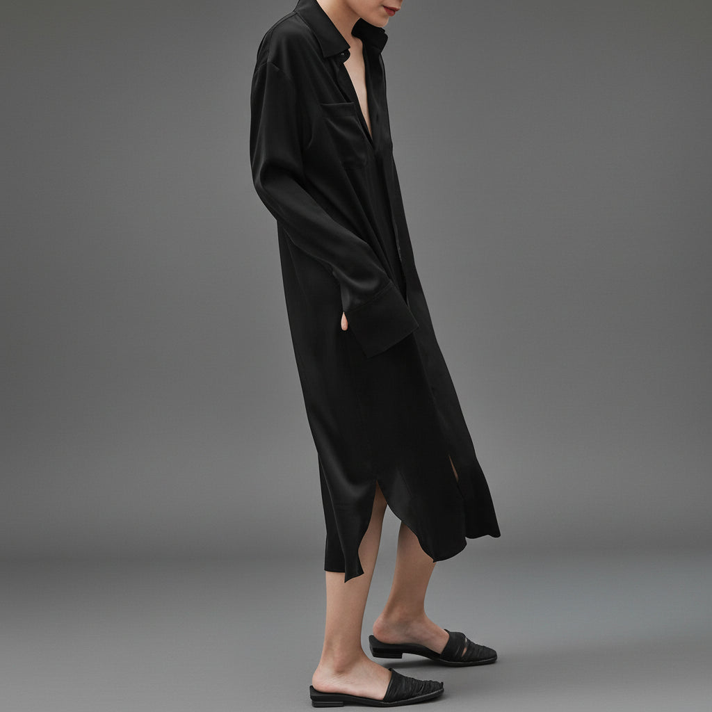 Jet Black Silk Shirt Dress