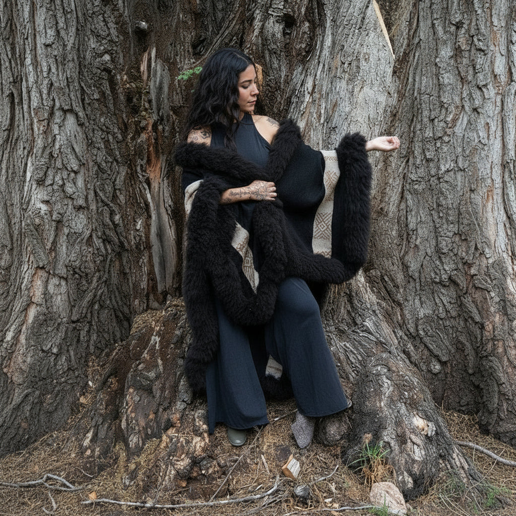 black baby alpaca wool cape over high quality basics