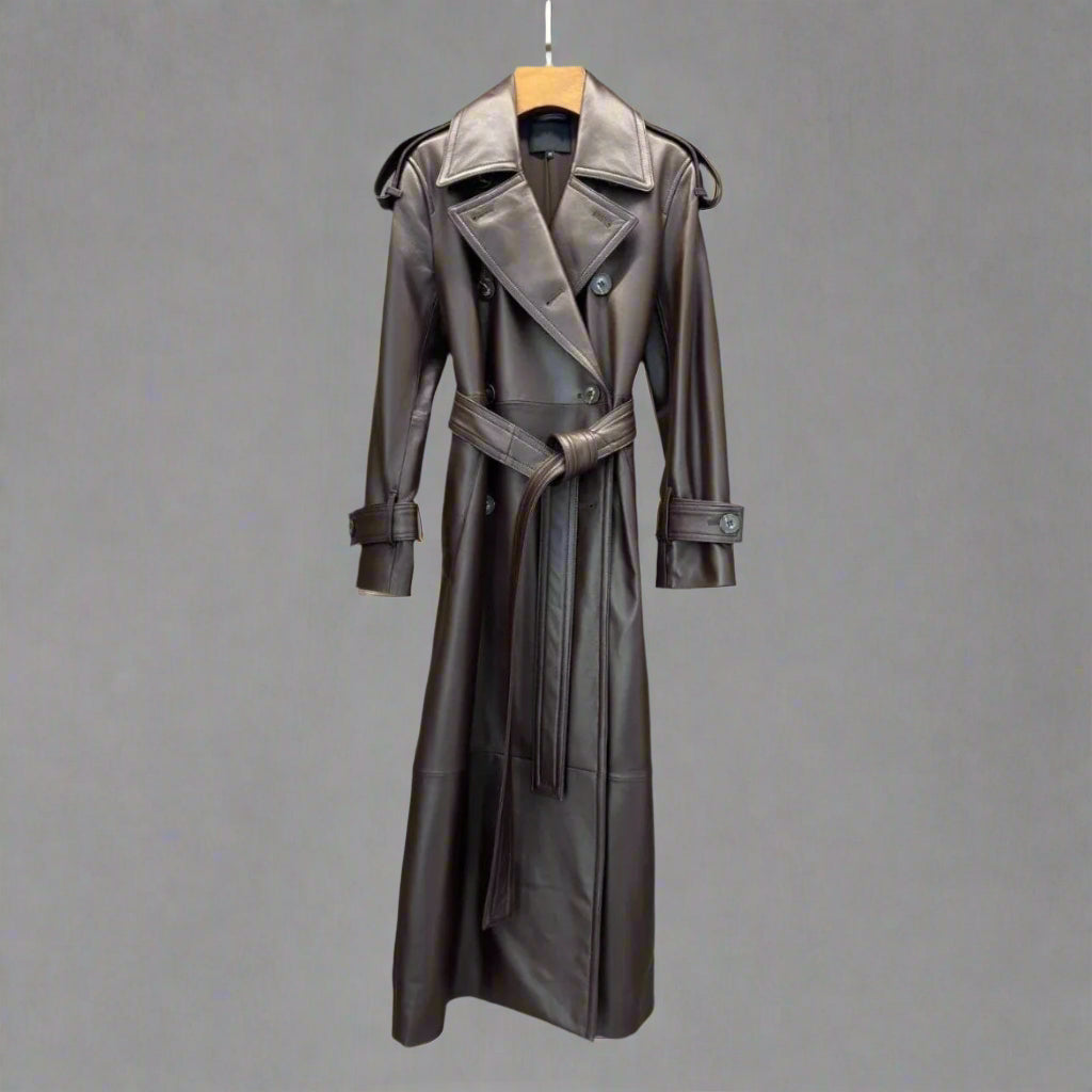 brown leather trench coat