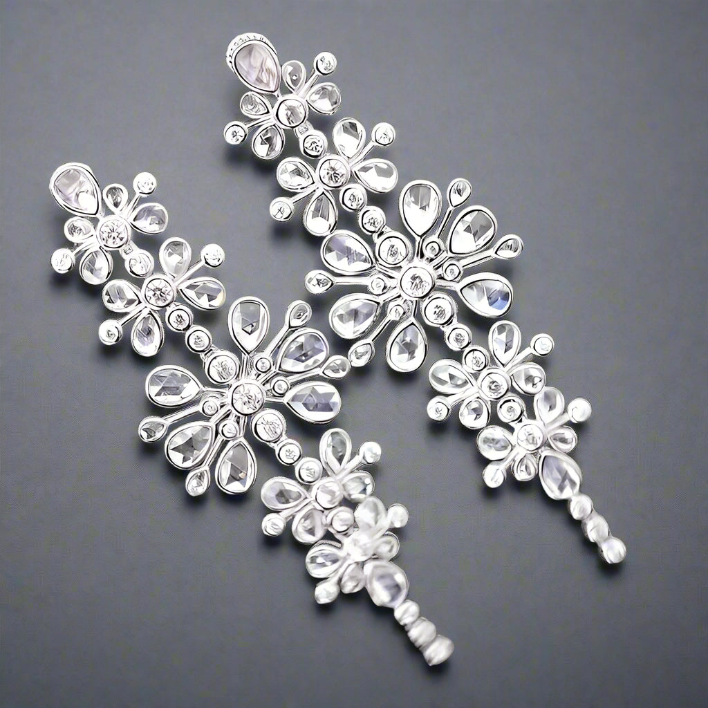 Astoria Silver Chandelier Earrings—elegant faux diamond brilliance in sterling silver.