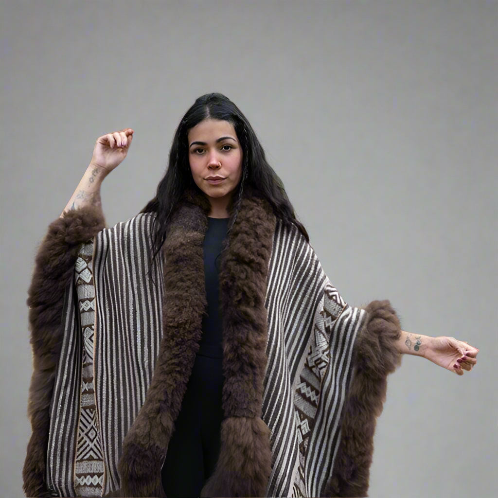 Close up view showing handwoven baby alpaca wool cape