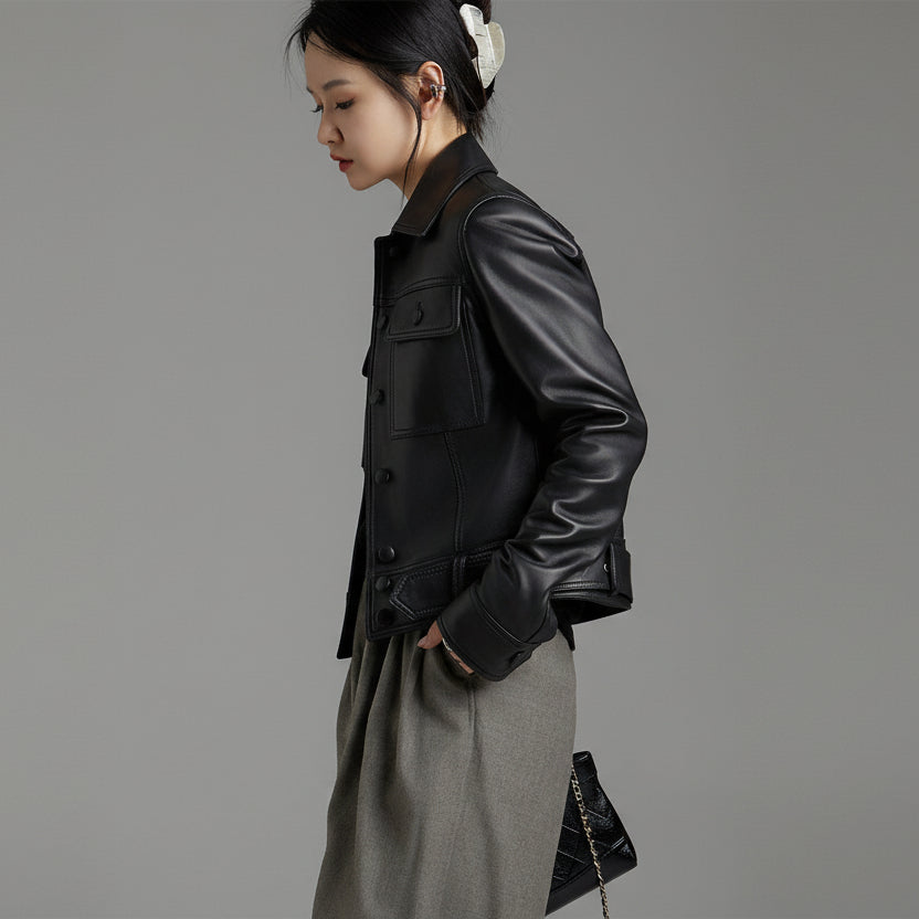 Cropped black leather jacket, small retro lapel