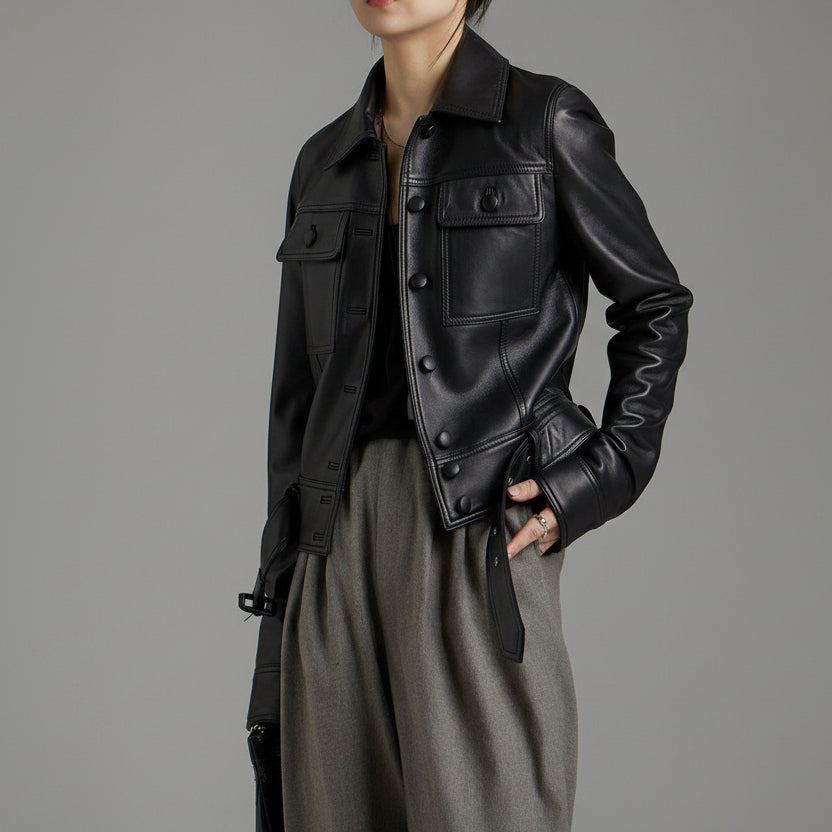 Cropped black leather jacket with waist belt