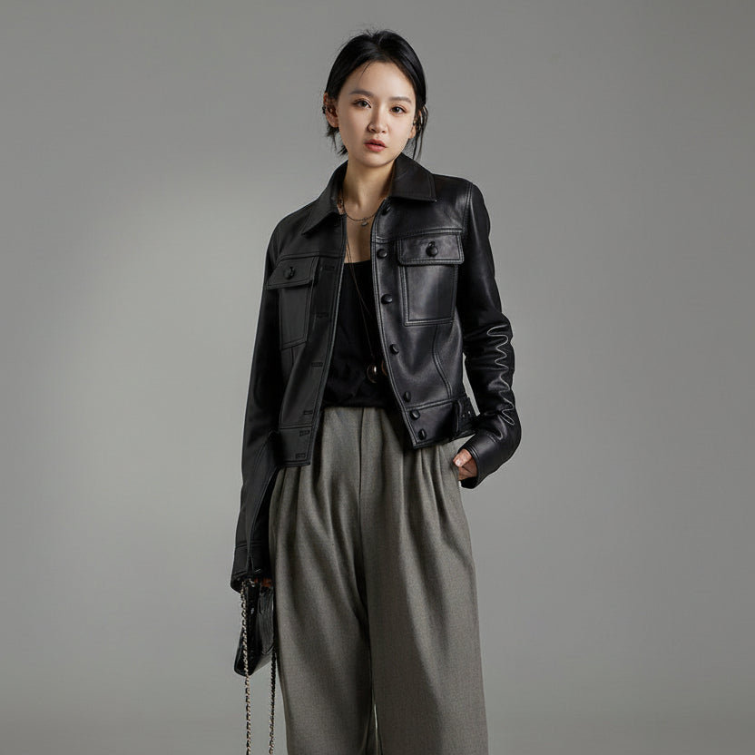 Cropped black leather jacket, structured cropped silhouette