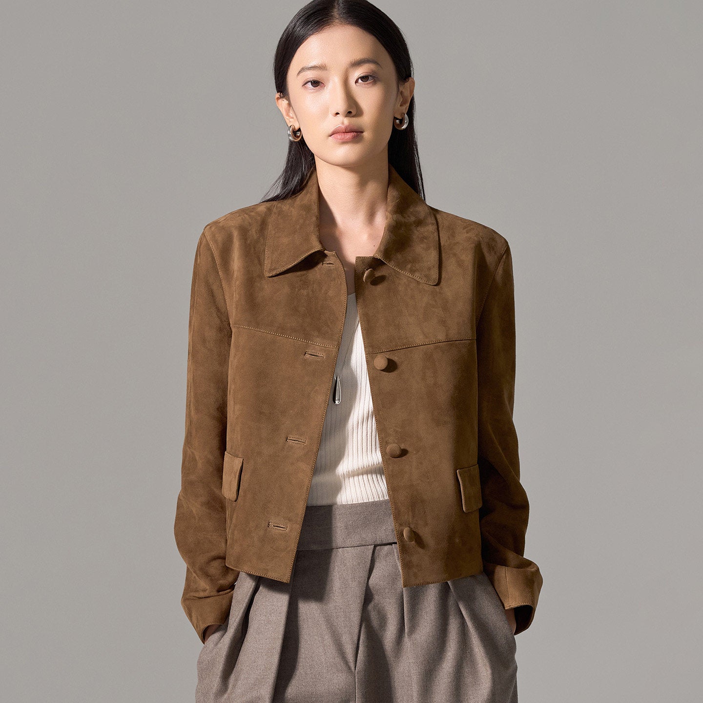 Tobacco brown suede jacket, matte A-grade sheepskin nap