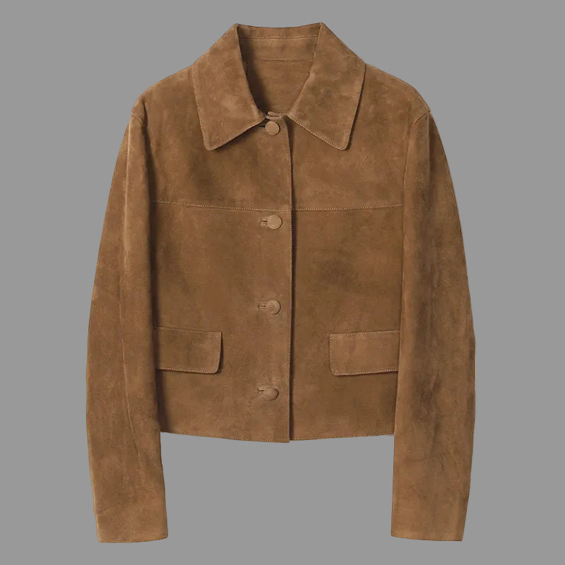 Women's cropped tobacco suede jacket, structured shoulder