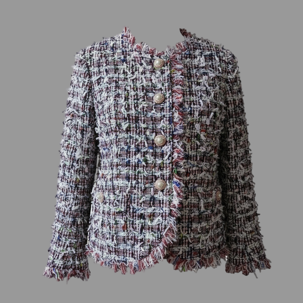 Tweed jacket with decorative buttons on a white background
