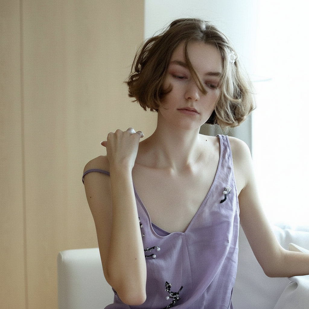 hand embroidered lilac ramie dress