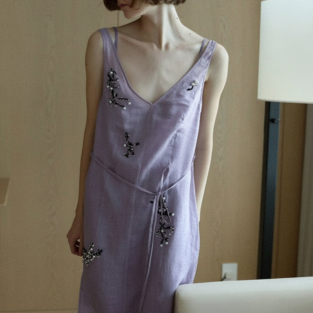hand embroidered lilac ramie dress