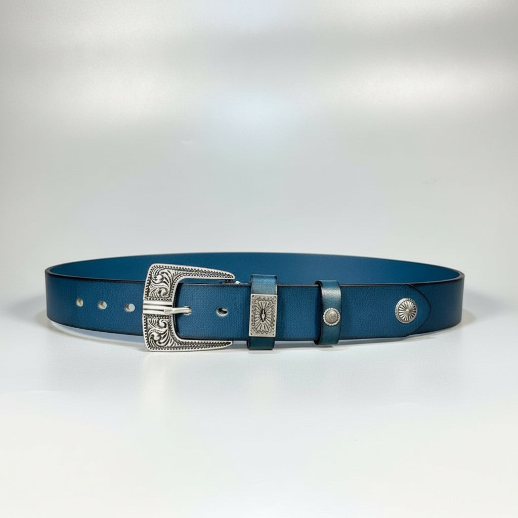 Blue leather belt, natural full-grain leather markings