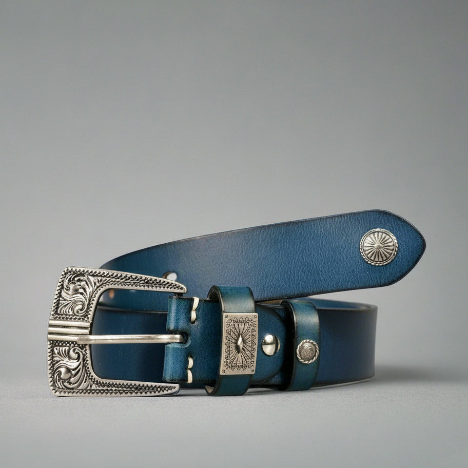 Cerulean blue full-grain cowhide belt, buckle detail