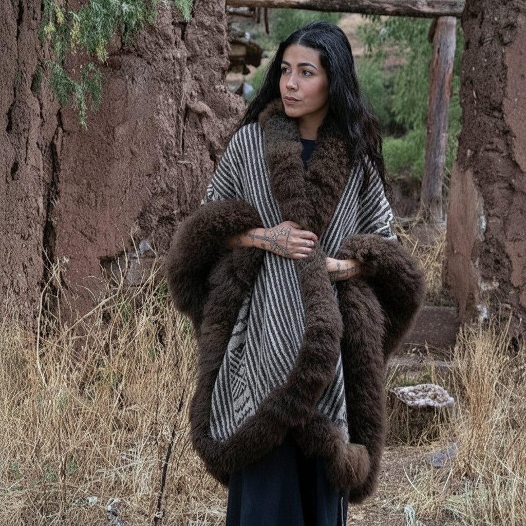 Front view of heritage fashion baby alpaca wool cape draped over cashmere sweater