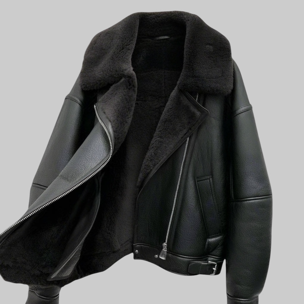 Oversized Plush Shearling Leather Bomber Jacket