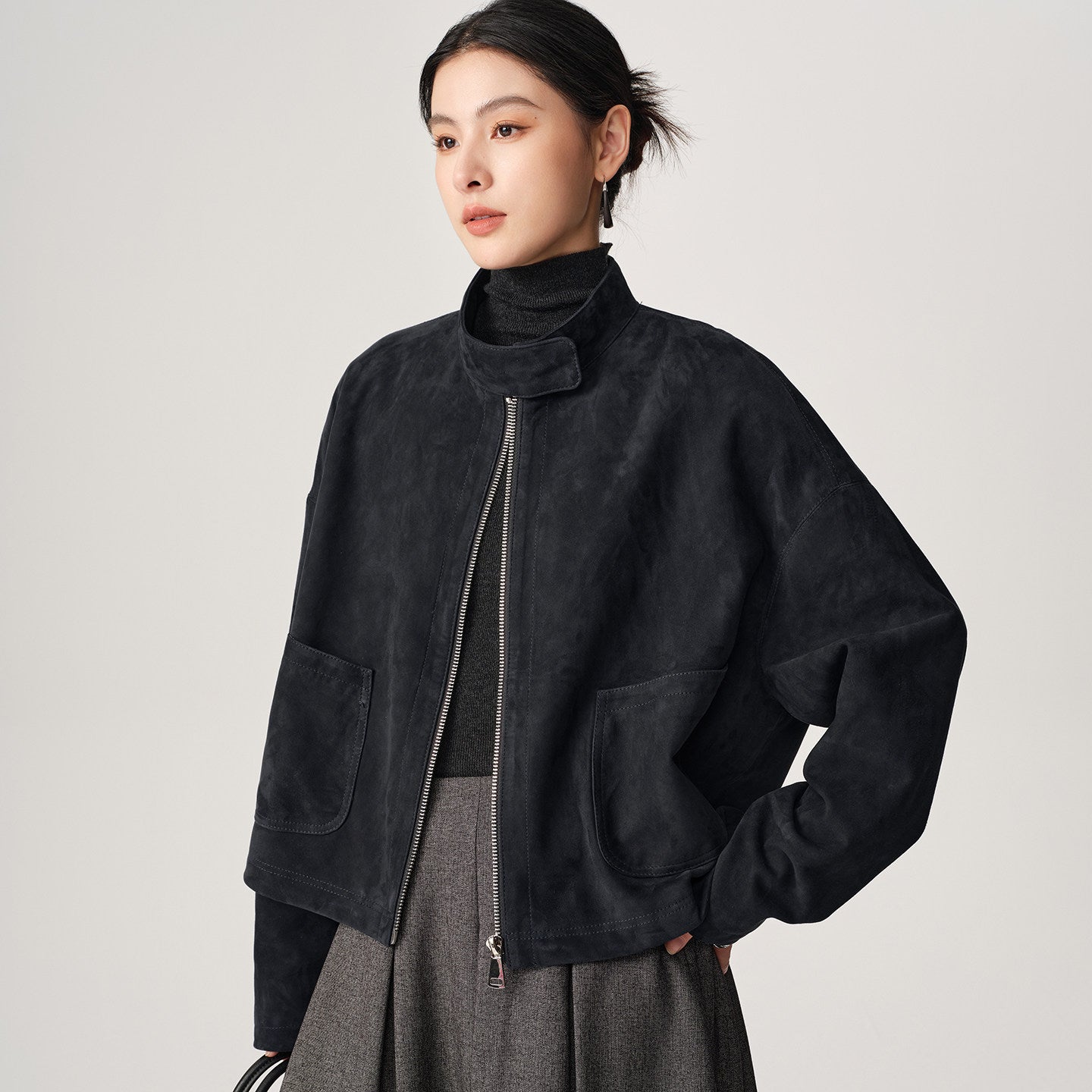 Suede funnel-neck jacket, stand collar