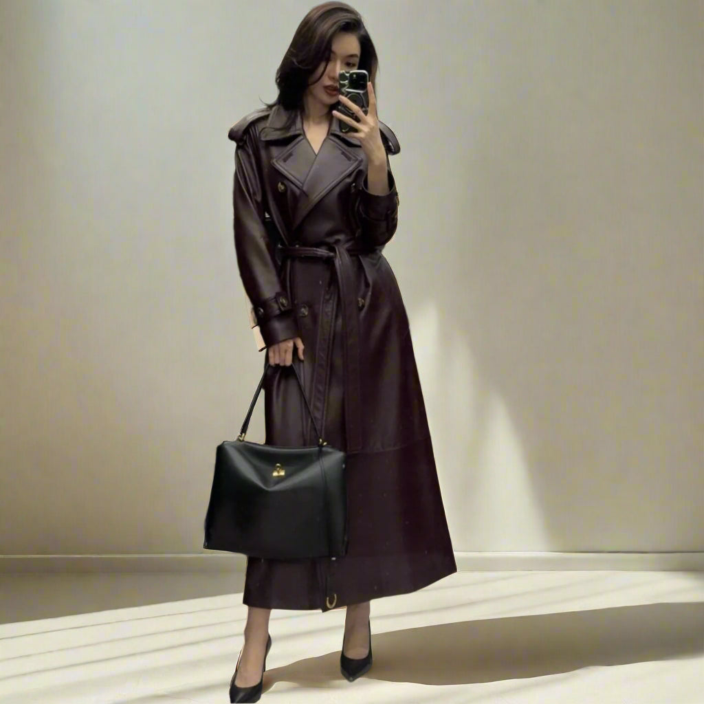 long leather trench coat burgundy