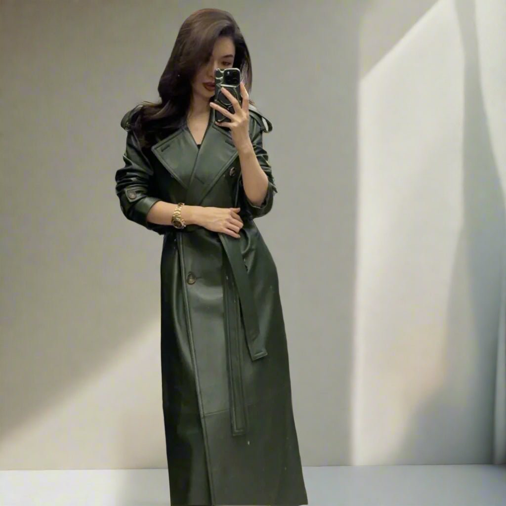 long leather trench coat green