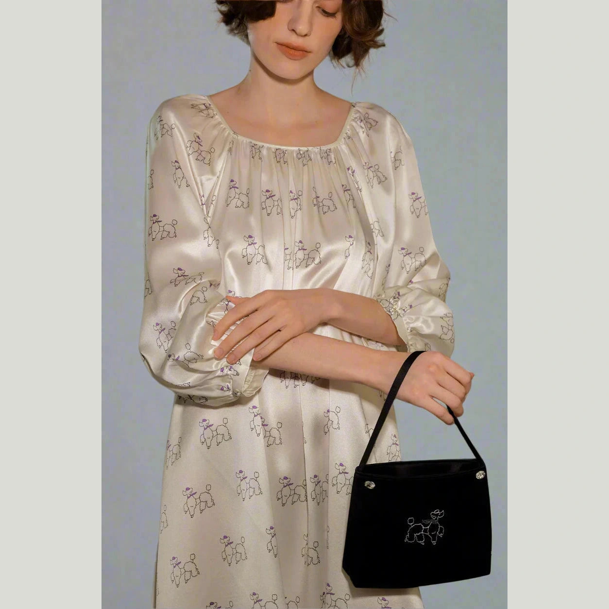 Puppy Dreams – Diamond Poodles Print Silk Puff Sleeve Dress