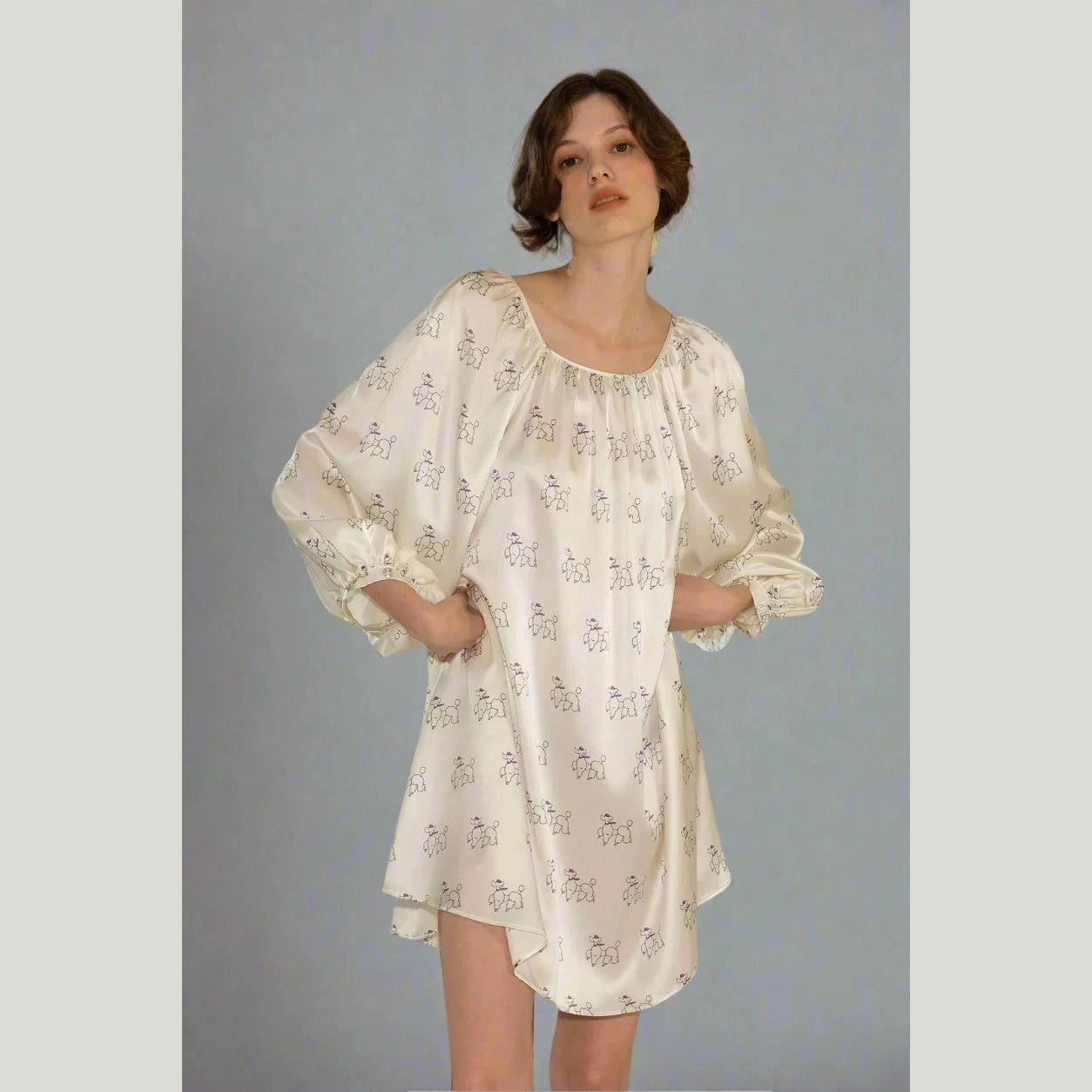 Puppy Dreams – Diamond Poodles Print Silk Puff Sleeve Dress