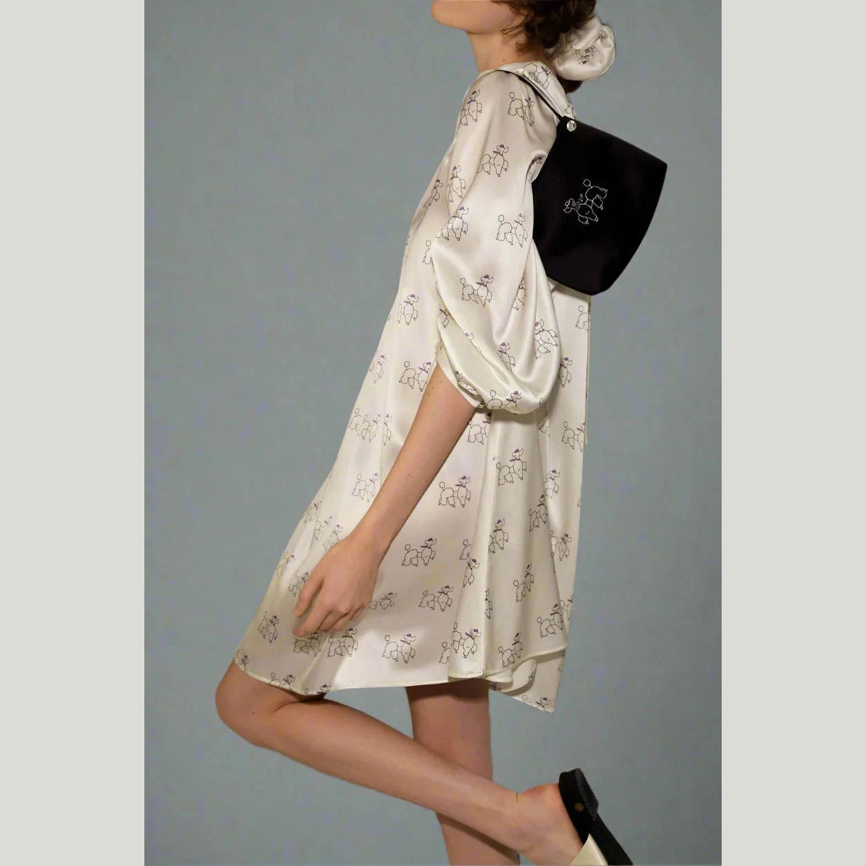 Puppy Dreams – Diamond Poodles Print Silk Puff Sleeve Dress