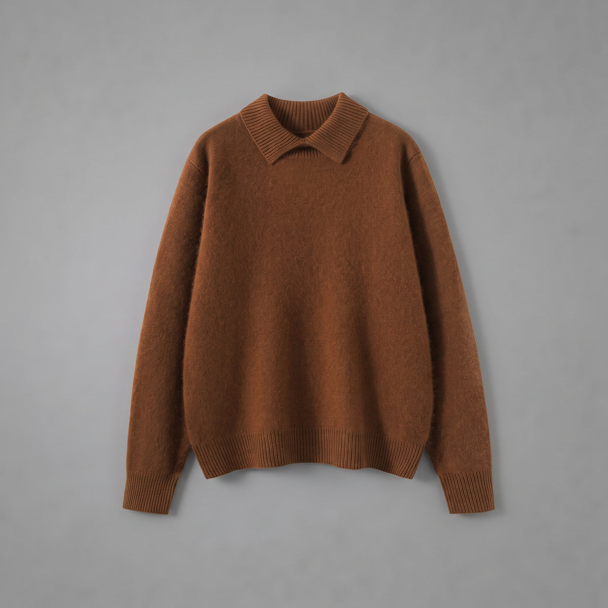 brown cashmere polo sweater, flat lay