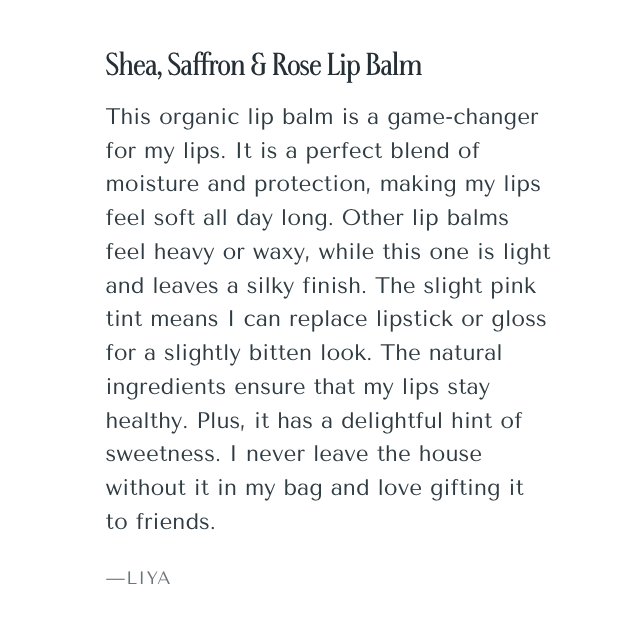 A review of our multi-purpose saffron lip balm—use on lips, cheeks, or as a natural skin enhancer.