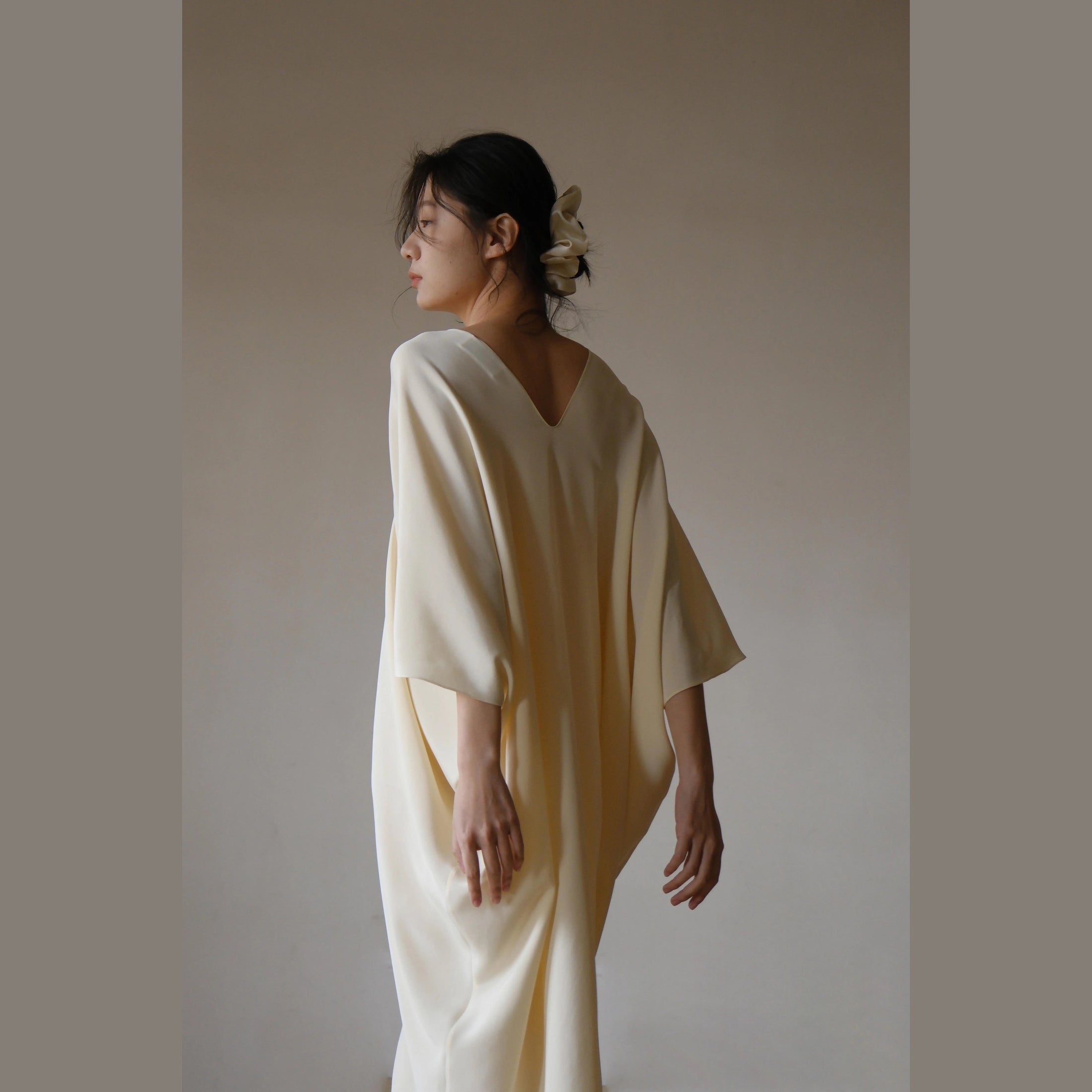 Cream Sand-Washed Mulberry Silk Caftan Dress