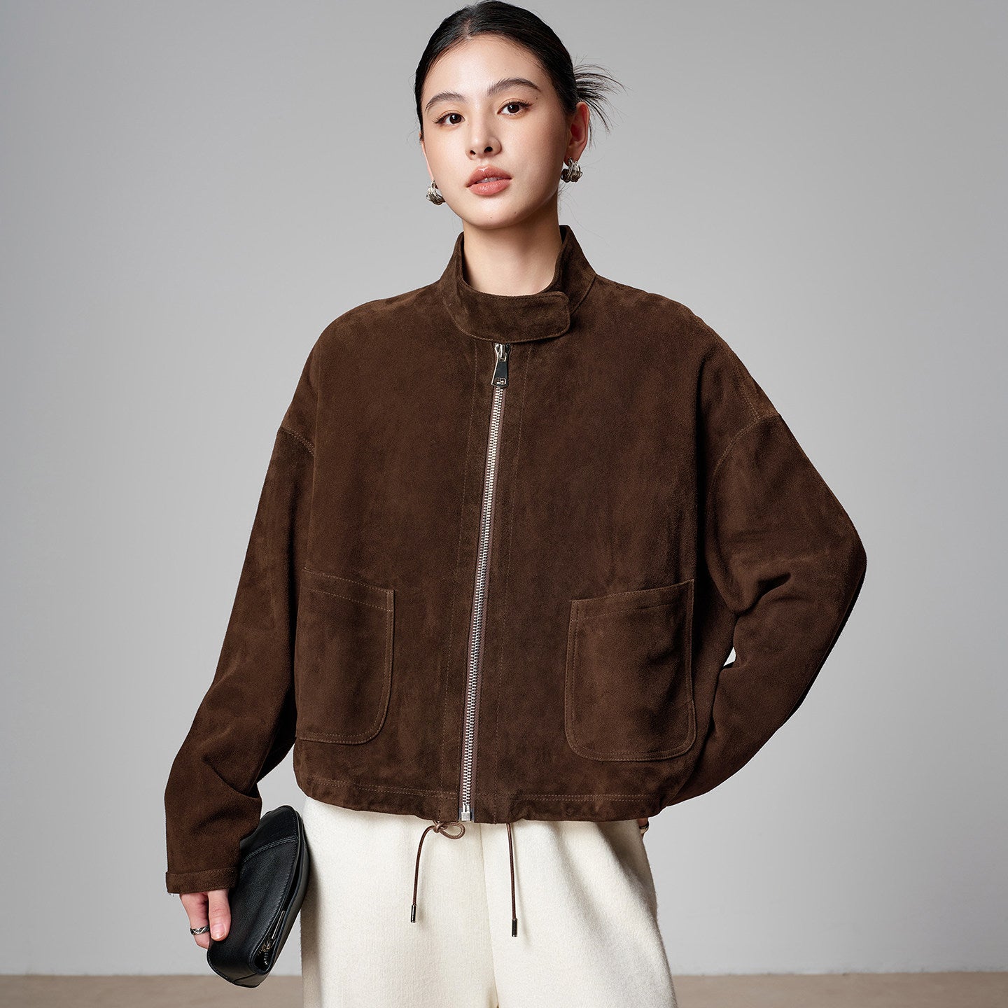 Sheepskin Suede Funnel Neck Jacket | Aelse