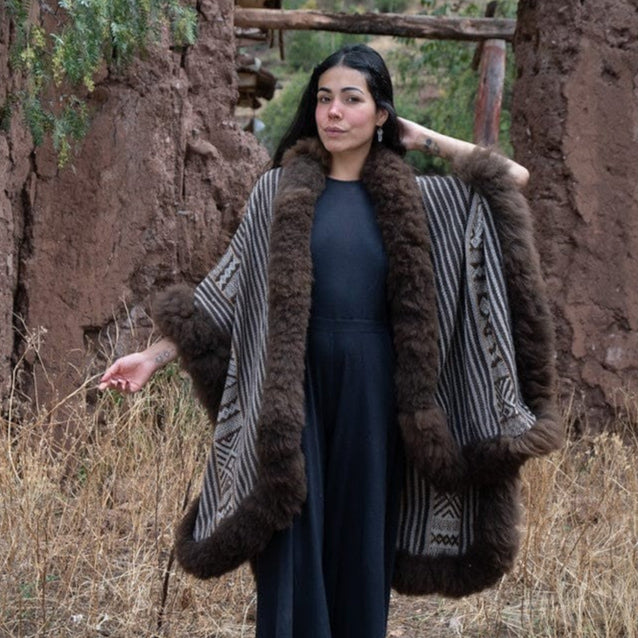 Beautiful heritage fashion, striped baby alpaca wool cape poncho showcasing high quality fashion