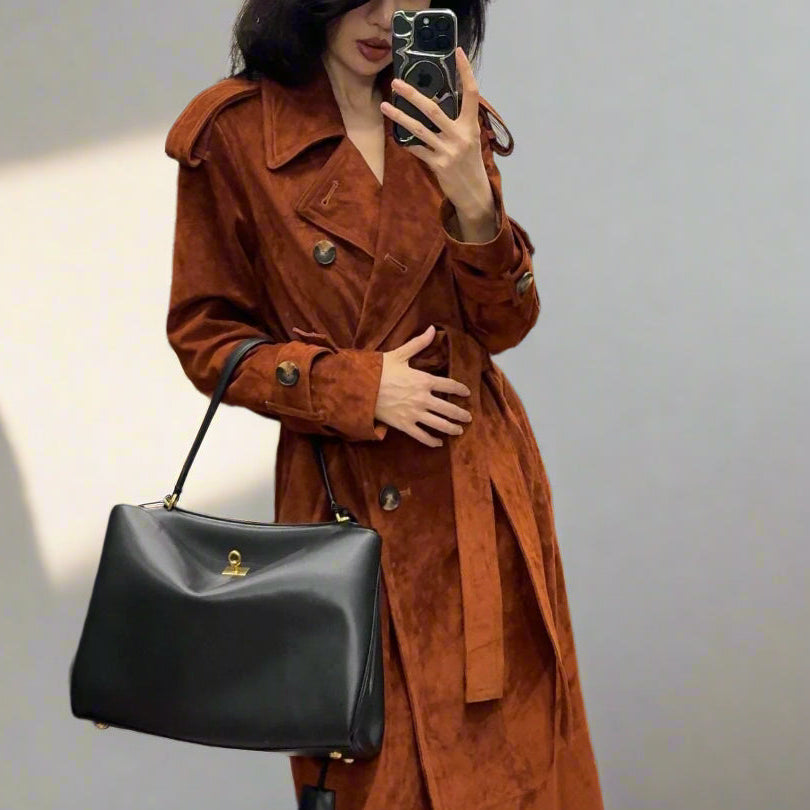 suede trench on model