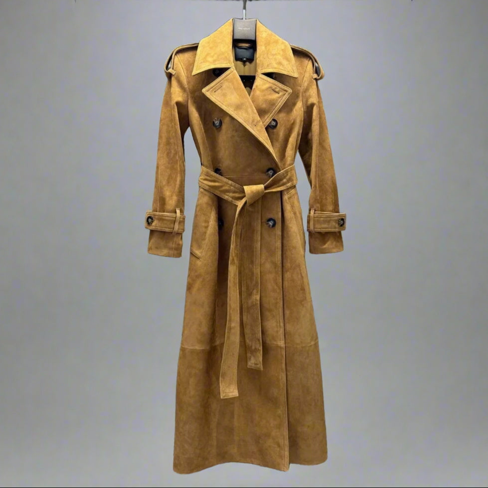 tan suede trench coat on hanger