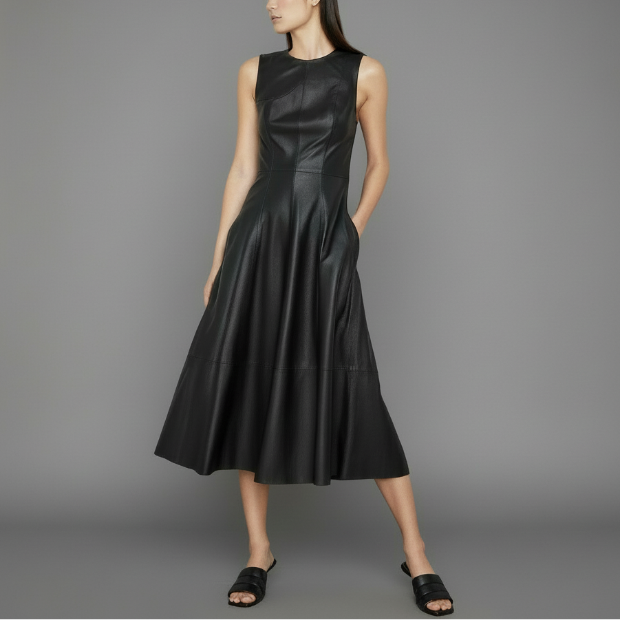 Jet Napa Leather Sleeveless Midi Dress