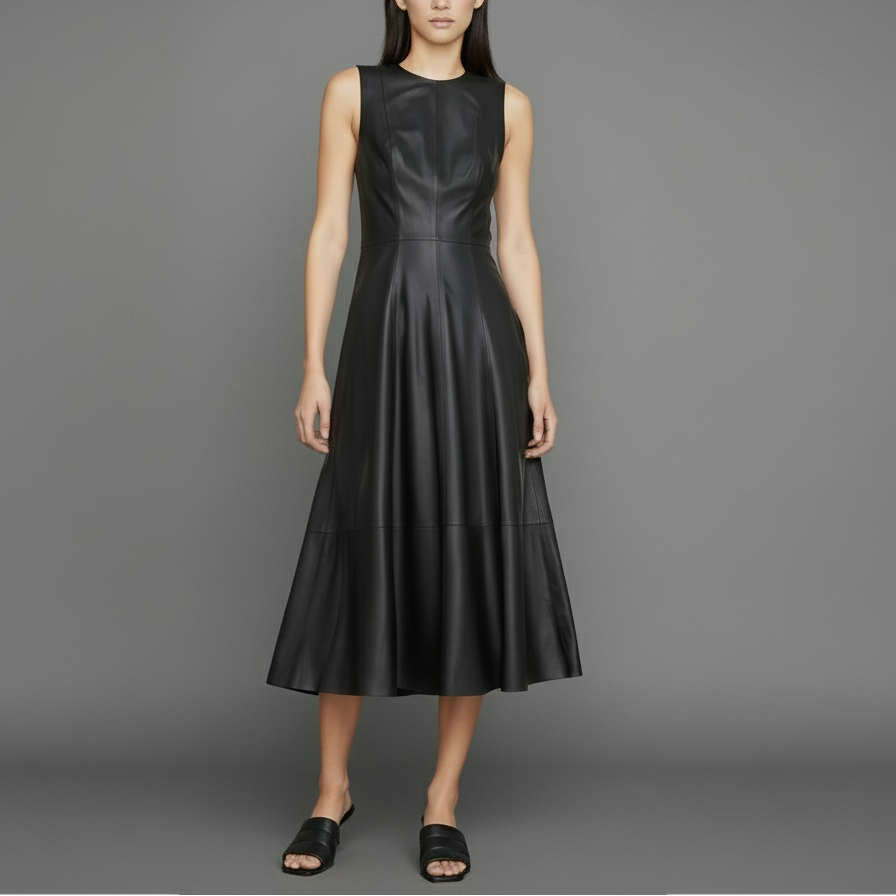 Jet Napa Leather Sleeveless Midi Dress