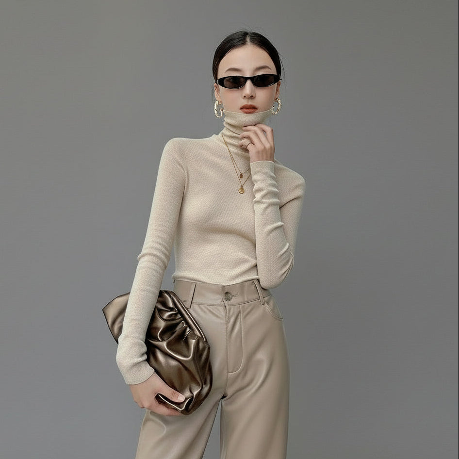 No seams, no stress—3D seamless knit cashmere turtleneck for total sensory comfort.