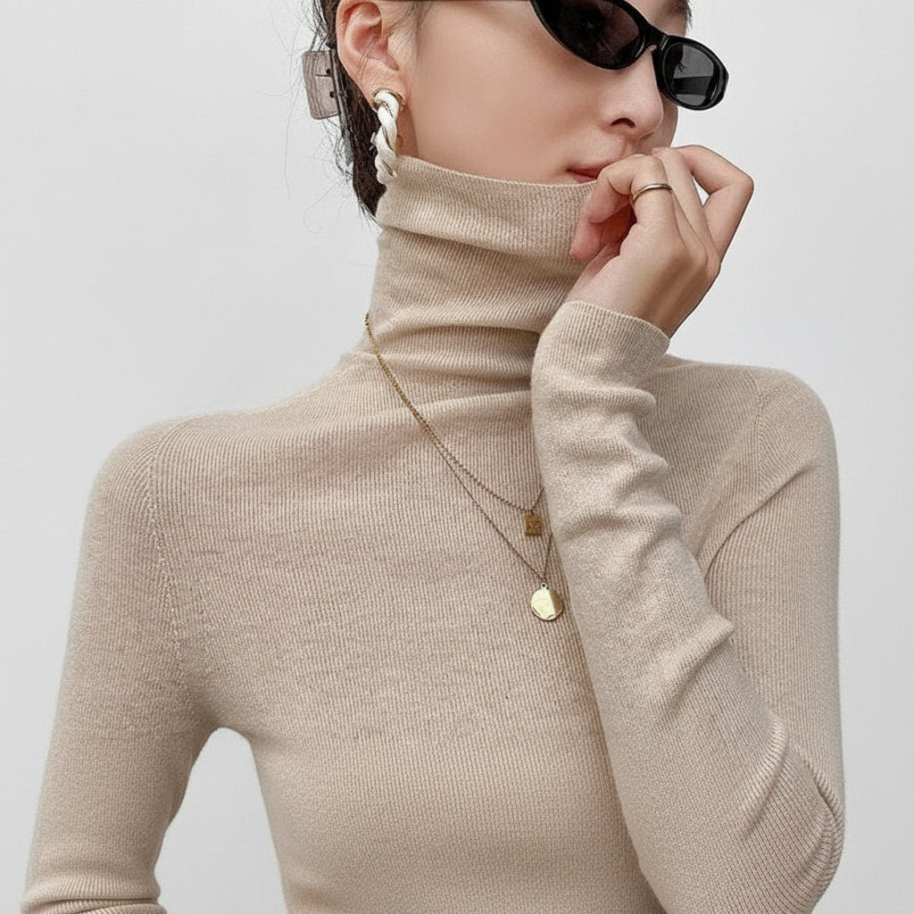 Second-skin softness—an ultra-fine turtleneck in cashmere and silk.