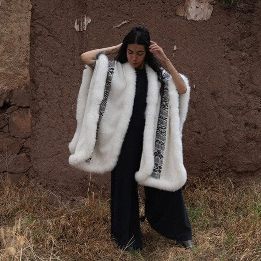 Beautiful draping of white baby alpaca wool cape