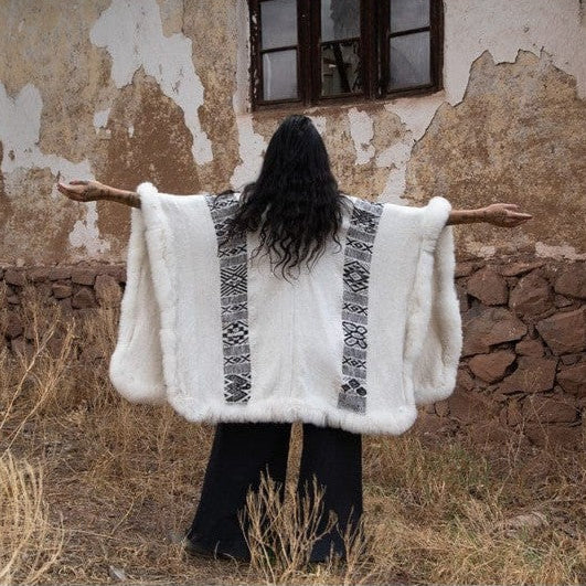 Beautiful white baby alpaca wool cape over high quality basics, heritage fashion style