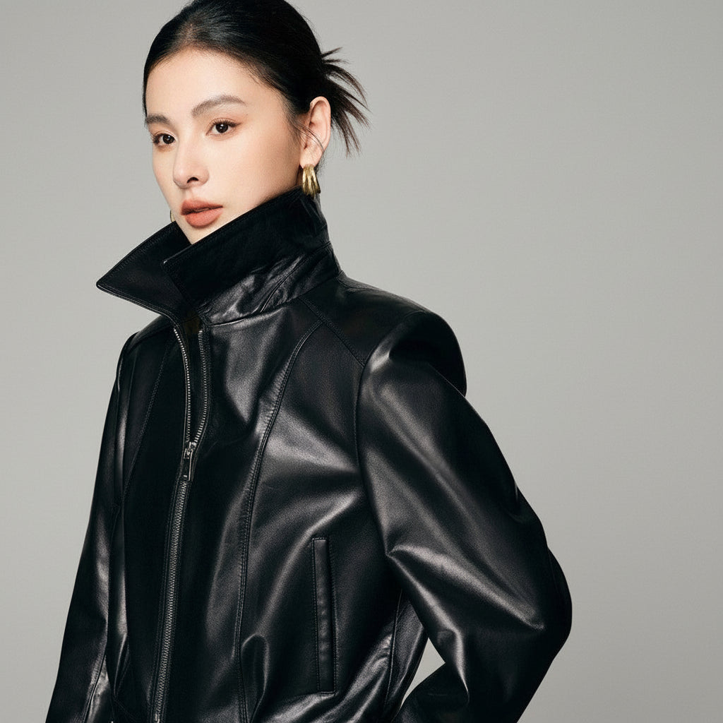 womens-leather-moto-jackets in brown and black