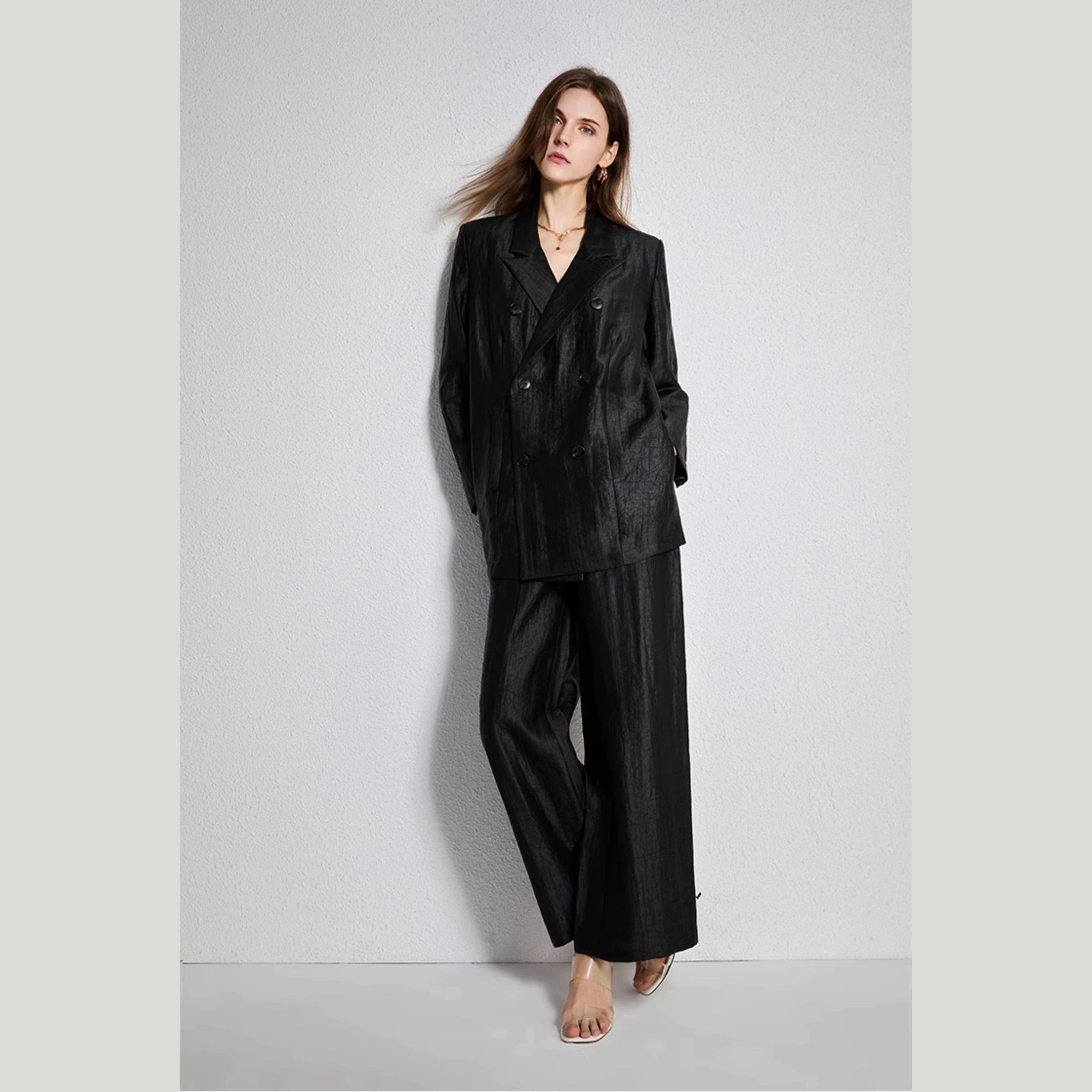 womens black silk suit