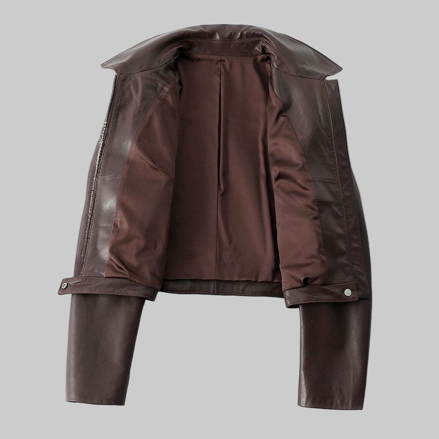 womens leather moto jacket in brown sheepskin with lining