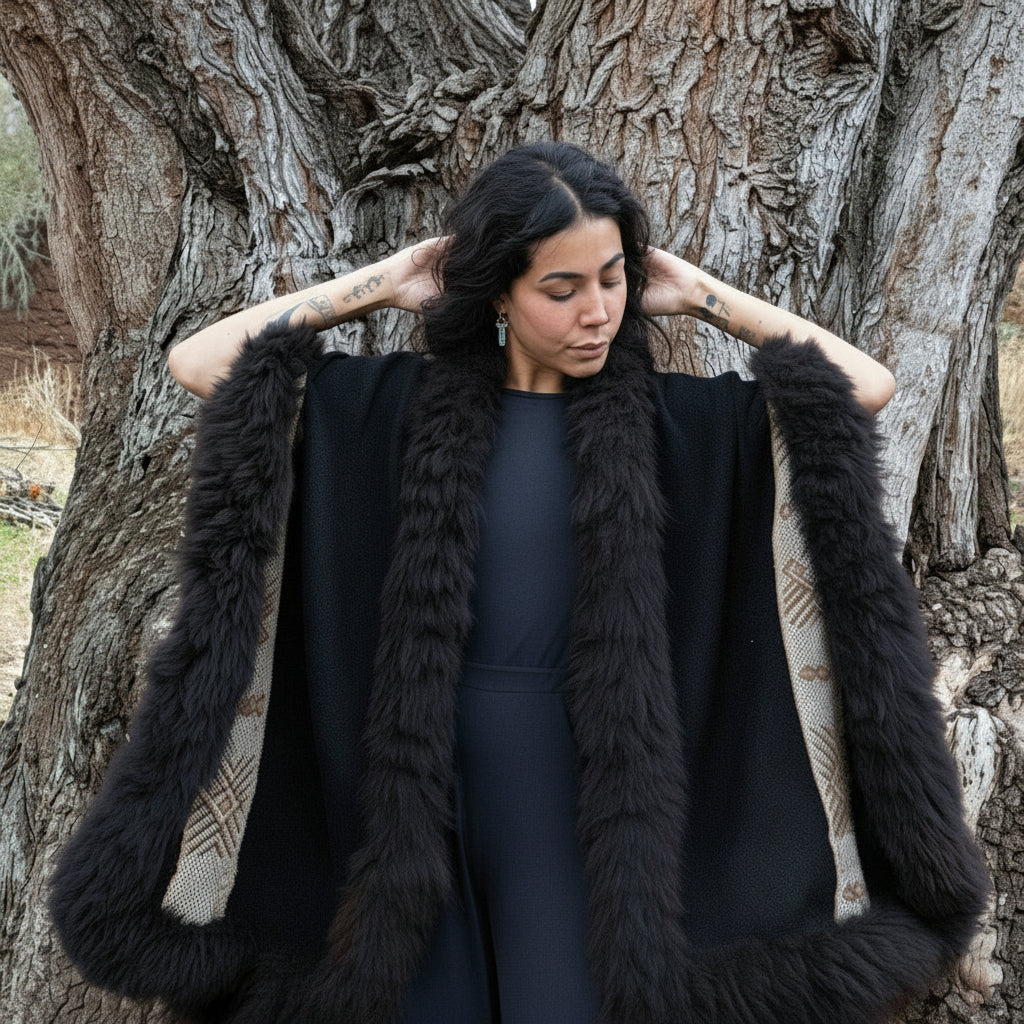 Detail shot of woven baby alpaca wool poncho cape from peru