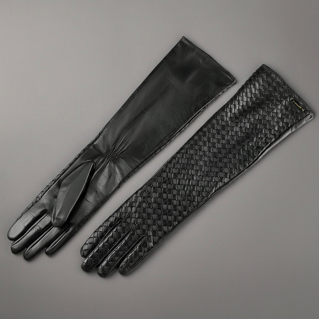 Close-up of handwoven sheepskin leather detailing.