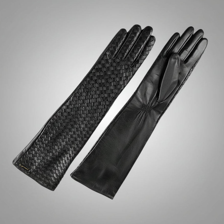 Black Woven Sheepskin Leather Gloves