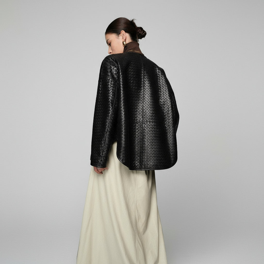 Black woven leather jacket, relaxed oversized fit